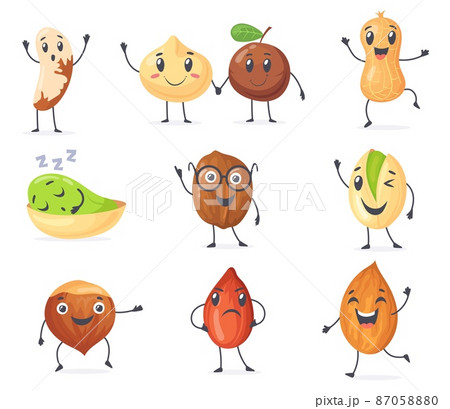 Cute protein nuts. Happy nut cartoon character bean, funny peanut seed, mascot almond vegan food caractere, pistachio emoji coconut face healthy nutrition, neat vector illustration 87058880