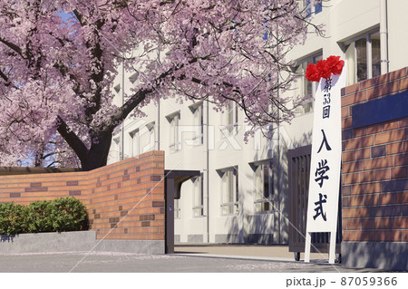 桜が満開に咲く入学式当日の校門と看板 / 春の学園ロケーション・入学式・爽やかな新生活のイメージ 桜が満開に咲く入学式当日の校門と看板 / 春の学園ロケーション・入学式・爽やかな新生活のイメージ 87059366