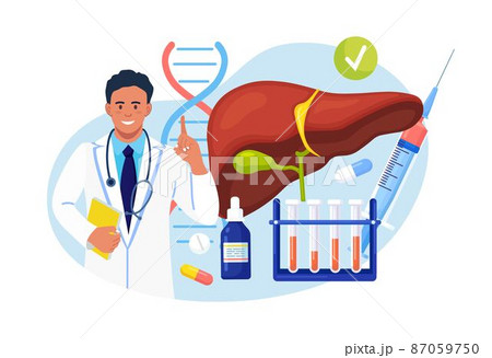 Doctor examining human liver for hepatitis, cancer, cirrhosis. Physician near lab blood samples and pills.Medical laboratory research, diagnosis and treatment of internal organ 87059750