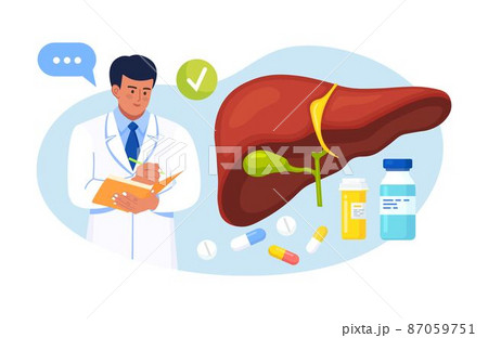 Doctor examining human liver for hepatitis, cancer, cirrhosis. Physician writing results of liver checkup. Medical laboratory research, diagnosis and treatment of internal organ 87059751