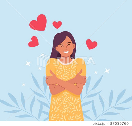 Love yourself. Groomed beautiful woman hugging herself. Love your body concept. Girls Healthcare Skincare. Take time for your self 87059760