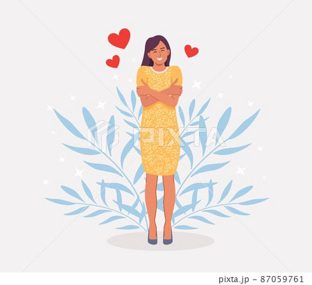 Love yourself. Groomed beautiful woman hugging herself. Love your body concept. Girls Healthcare Skincare. Take time for your self 87059761