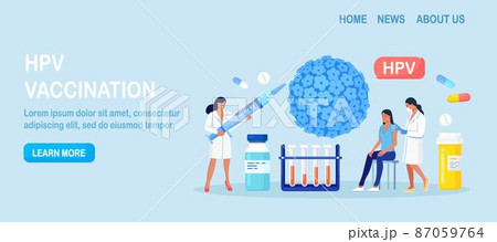 HPV vaccination for reduce virus infection risk or oncology. Human papillomavirus. HPV infection medication. Doctor vaccinate against cervical cancer. Scientist analyzing infected cells 87059764