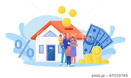 Family buying real estate with mortgage and paying credit to bank. People save money and buy house in debt, invest money in property. House loan, rent. Home is like a piggy bank 87059769