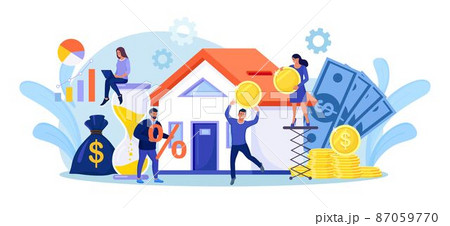Tiny people buying house in debt. People investing money in property. Mortgage loan, ownership and savings. Home is like a piggy bank. Real estate investment, house purchase. 87059770