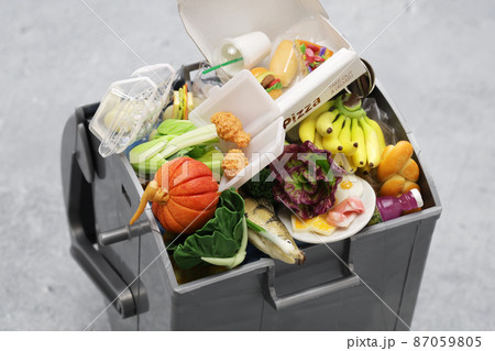 食品廃棄物であふれるゴミ箱(ミニチュア写真) 87059805
