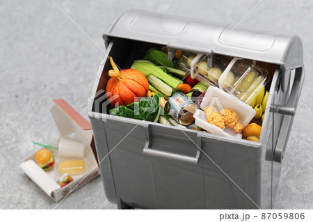 食品廃棄物であふれるゴミ箱(ミニチュア写真) 87059806