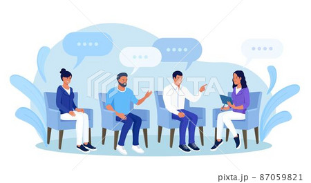 Addiction Treatment with Group Therapy. Doctor Psychologist Counseling with Diseased Patients. Psychotherapist Session. People Suffering from Problems, Attending Psychological Support Meeting 87059821