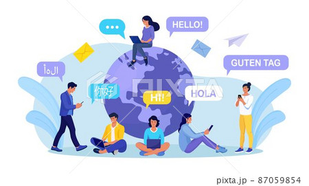 Young people chatting in foreign languages with phone. Multilingual greeting. Hello in different languages. Diverse cultures, international communication. Students with speech bubbles and earth planet 87059854