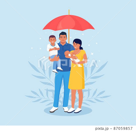 Family under umbrella. Life insurance, protection of health and life of children for travel or vacation. Future financial support in case of accident or illness. Healthcare protection 87059857