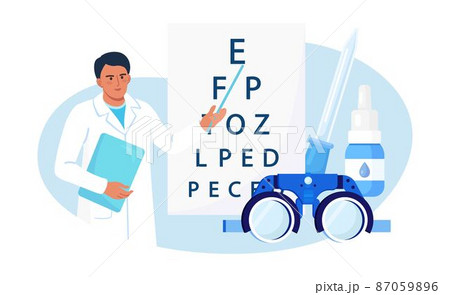 Doctor Ophthalmologist standing near Eye Test Chart. Ophthalmology Diagnostics, Checking Vision. Oculist Check Up Eyesight and Choosing Glasses. Vision Correction, Optometry 87059896