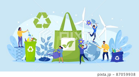 People using eco bag, sorting plastic waste for recycling. Eco friendly shopping. Zero waste. Using reusable bags to save earth environment and less resource pollution. Sustainable choice clean nature 87059938