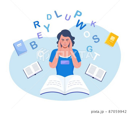 Dyslexia concept. Young girl difficulty in reading. Upset disappointed person with scattered letters above his head and books. Mental disorder trouble with reading. Logopedics, speech therapy lessons Dyslexia concept. Young girl difficulty in reading. Upset disappointed person with scattered letters above his head and books. Mental disorder trouble with reading. Logopedics, speech therapy lessons 87059942