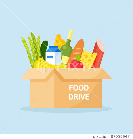 Donation box with food for hunger people. Different grocery products for homeless people in shelter. Solidarity,volunteering and charity concept Donation box with food for hunger people. Different grocery products for homeless people in shelter. Solidarity,volunteering and charity concept 87059947