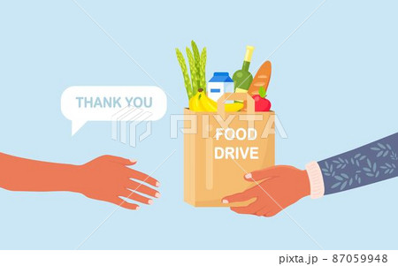 Volunteer holding a donation box with food for hunger people. Different grocery products for homeless people in shelter. Solidarity and charity concept Volunteer holding a donation box with food for hunger people. Different grocery products for homeless people in shelter. Solidarity and charity concept 87059948