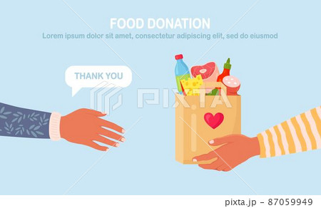 Volunteer holding a donation box with food for hunger people. Different grocery products for homeless people in shelter. Solidarity and charity concept Volunteer holding a donation box with food for hunger people. Different grocery products for homeless people in shelter. Solidarity and charity concept 87059949