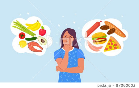 Woman choosing between healthy and unhealthy food. Fast Food and balanced menu comparison, dieting. Choice between Good and bad nutritions 87060002