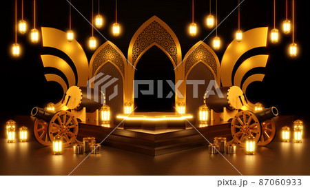 Islamic product display mock up. Podium, crescent moon, lantern, gift box. Ramadan, Islamic New Year. 3D rendering. Islamic product display mock up. Podium, crescent moon, lantern, gift box. Ramadan, Islamic New Year. 3D rendering. 87060933