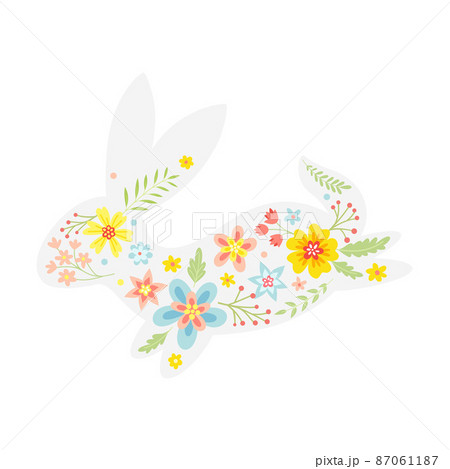 White Easter Rabbit with Flowers and Floral Decoration Inside Vector Illustration 87061187