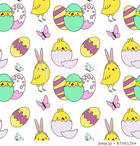 Easter seamless pattern. Cute little chicks. Easter holiday decorative background perfect for prints,flyers,banners,holiday invitations and more. Vector Easter illustration. EPS Easter seamless pattern. Cute little chicks. Easter holiday decorative background perfect for prints,flyers,banners,holiday invitations and more. Vector Easter illustration. EPS 87061264