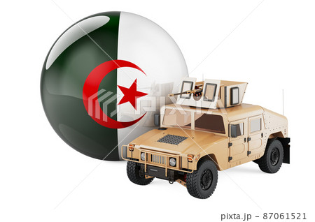 Military truck with Algerian flag. Combat defense of Algeria, concept. 3D rendering Military truck with Algerian flag. Combat defense of Algeria, concept. 3D rendering 87061521