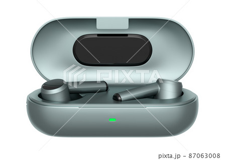 3D rendering of wireless earphones in base box on white background. Concept of headphones for workouts or listening streaming services 3D rendering of wireless earphones in base box on white background. Concept of headphones for workouts or listening streaming services 87063008