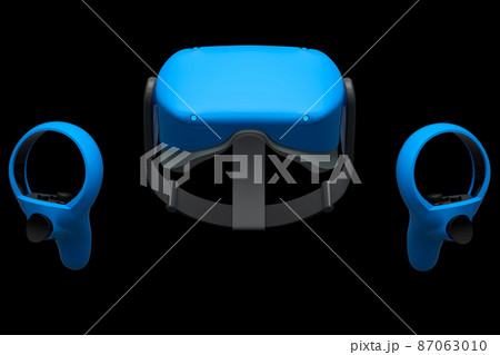 Virtual reality glasses and controllers for online and cloud gaming on black background. 3D rendering of device for virtual design in augmented reality or virtual gaming in VR Virtual reality glasses and controllers for online and cloud gaming on black background. 3D rendering of device for virtual design in augmented reality or virtual gaming in VR 87063010