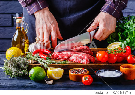 chef is cutting chuck eye beef steak chef is cutting chuck eye beef steak 87063715
