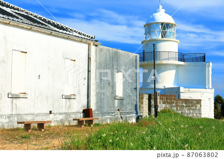 【和歌山県】晴天下の樫野埼灯台と水仙（紀伊大島） 87063802