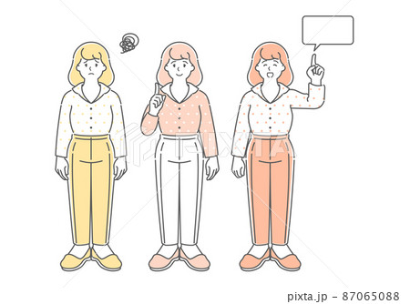 困っている女性と、上を指している女性のコピースペース付きイラストセット 87065088