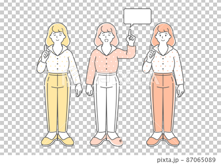 Illustration set with copy space of female pointing up 87065089