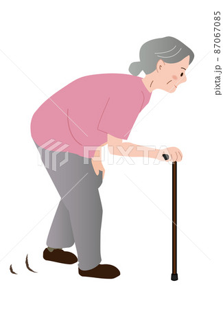 円背で姿勢不良の高齢者の杖歩行、リハビリ、お婆さん、T字杖 87067085