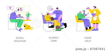 Older people living abstract concept vector illustration set. Social isolation, elderly care, home help, disabled people, medical nursing home, healthcare service, care allowance abstract metaphor. Older people living abstract concept vector illustration set. Social isolation, elderly care, home help, disabled people, medical nursing home, healthcare service, care allowance abstract metaphor. 87067641