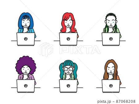 ノートパソコンの前で困った顔をする女性のイラスト ノートパソコンの前で困った顔をする女性のイラスト 87068208