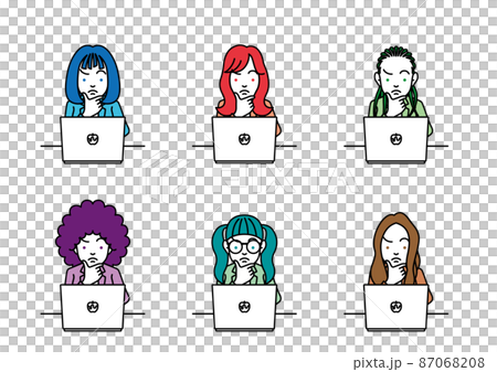 Illustration of a woman with a troubled face in front of a laptop Illustration of a woman with a troubled face in front of a laptop 87068208