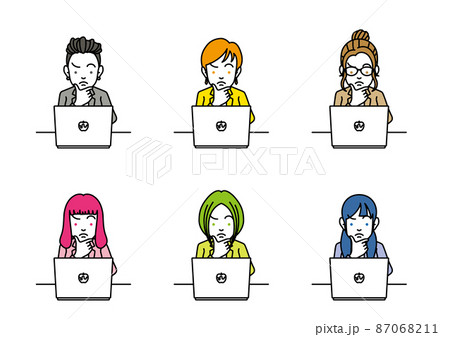 ノートパソコンの前で困った顔をする女性のイラスト 87068211