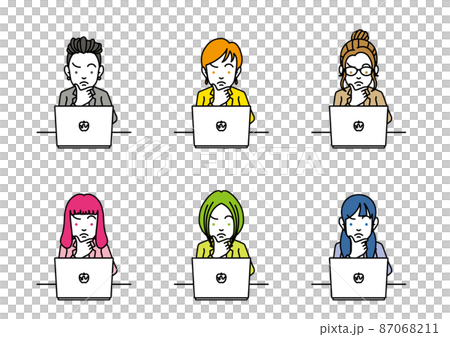 Illustration of a woman with a troubled face in front of a laptop Illustration of a woman with a troubled face in front of a laptop 87068211