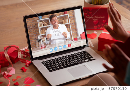 Caucasian mid adult man with marry me text dating online with girlfriend on valentine day Caucasian mid adult man with marry me text dating online with girlfriend on valentine day 87070150