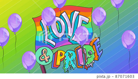 Image of balloons with rainbow love and pride text on rainbow background 87071603