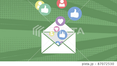 Image of envelope email icon with social media icons on rotating in seamless loop 87072530