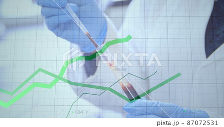 Image of floating diagrams and data processing over doctor checking samples 87072531