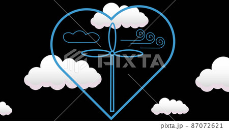 Image of wind turbine in heart over clouds on black background 87072621