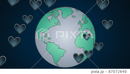 Image of globe and hearts on dark blue background 87072640