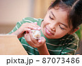 Asian child girl holding tiny bunny in hand with tenderness and love. Kid take care a pet and decorate home for Easter. Happy Easter Happy holiday. 87073486