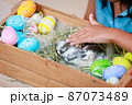 Asian child girl touching tiny bunny with tenderness and love. Baby rabbits in the nest with mommy fur and hay. People take care a pet and decorate home for Easter. Happy Easter Happy holiday. 87073489