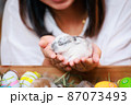 Asian woman holding tiny bunny in hand with tenderness and love. People take care a pet and decorate home for Easter. Happy Easter Happy holiday. 87073493