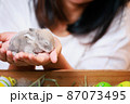 Asian woman holding tiny bunny in hand with tenderness and love. People take care a pet and decorate home for Easter. Happy Easter Happy holiday. 87073495
