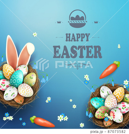 Easter blue card, patterned eggs in the nest, bunny ears Easter blue card, patterned eggs in the nest, bunny ears 87073582