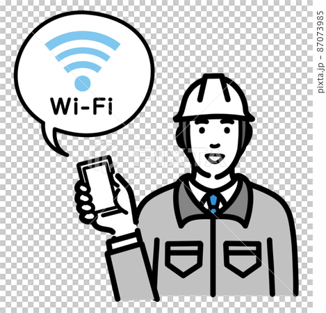 スマートフォンを持ってWi-Fiの説明をしているヘルメットをかぶった現場作業員の男性 87073985
