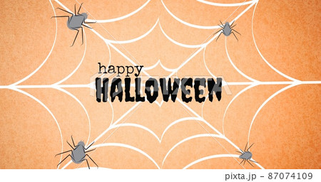 Composition of happy halloween text over web and spiders on orange background 87074109